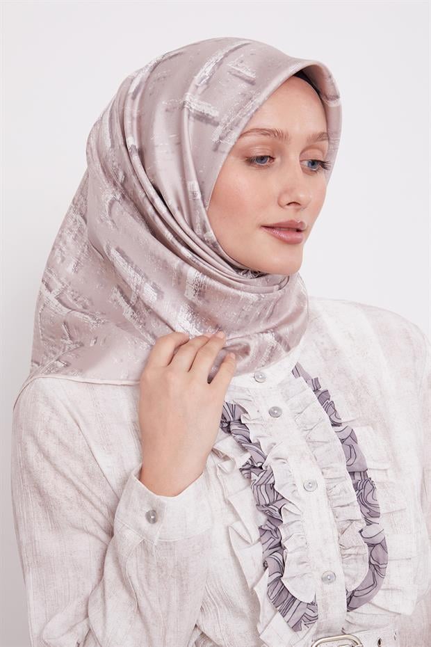 Bej Karışık Fırça Desen Twill İpek Eşarp