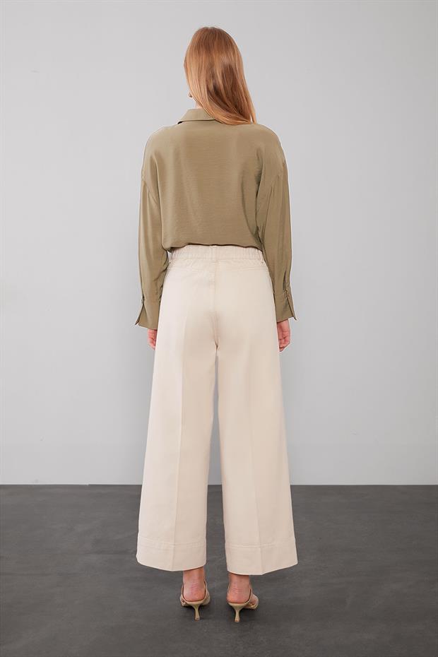 Bej Katlı Paçalı Wideleg Pantolon