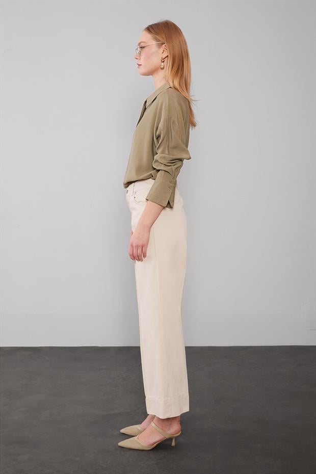 Bej Katlı Paçalı Wideleg Pantolon