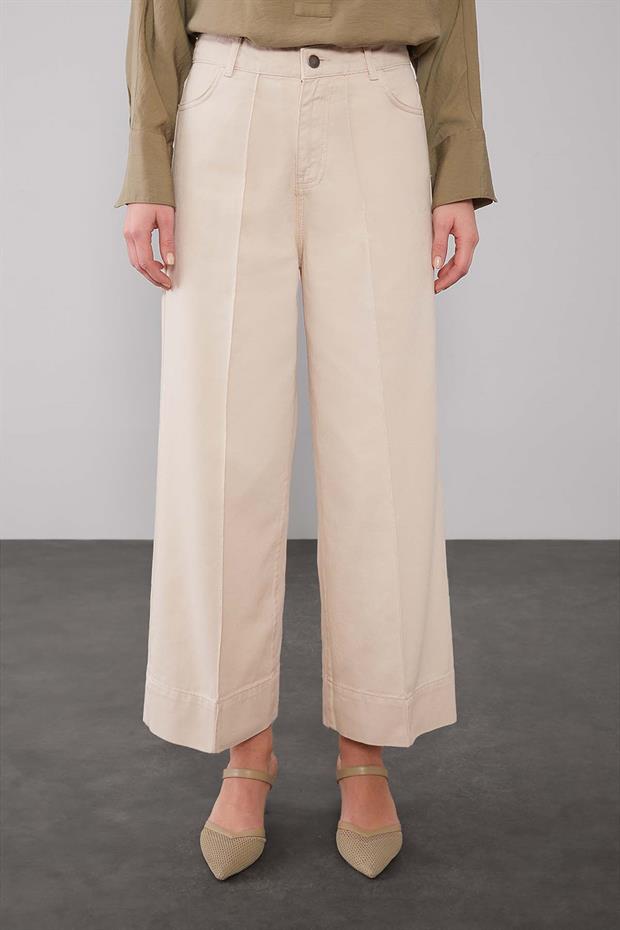 Bej Katlı Paçalı Wideleg Pantolon