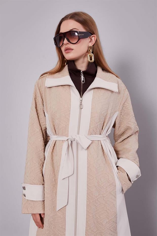 Bej Kendinden Desenli Fermuarlı Kap