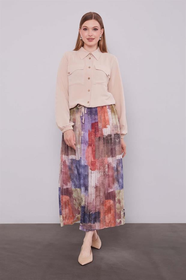 Bej-Kiremit Bel Büzgülü Etek Takım