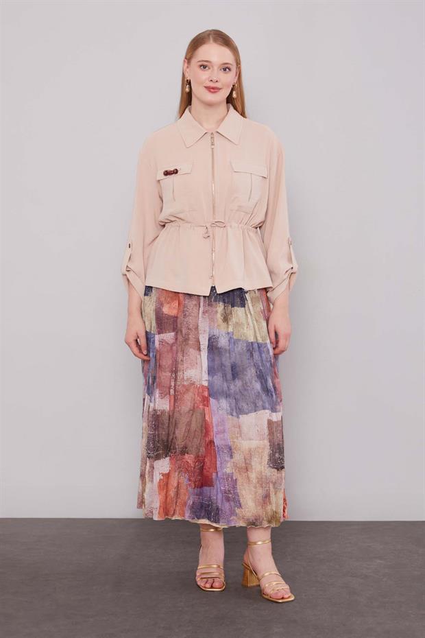 Bej - Kiremit Karışık Desenli Etek Takım