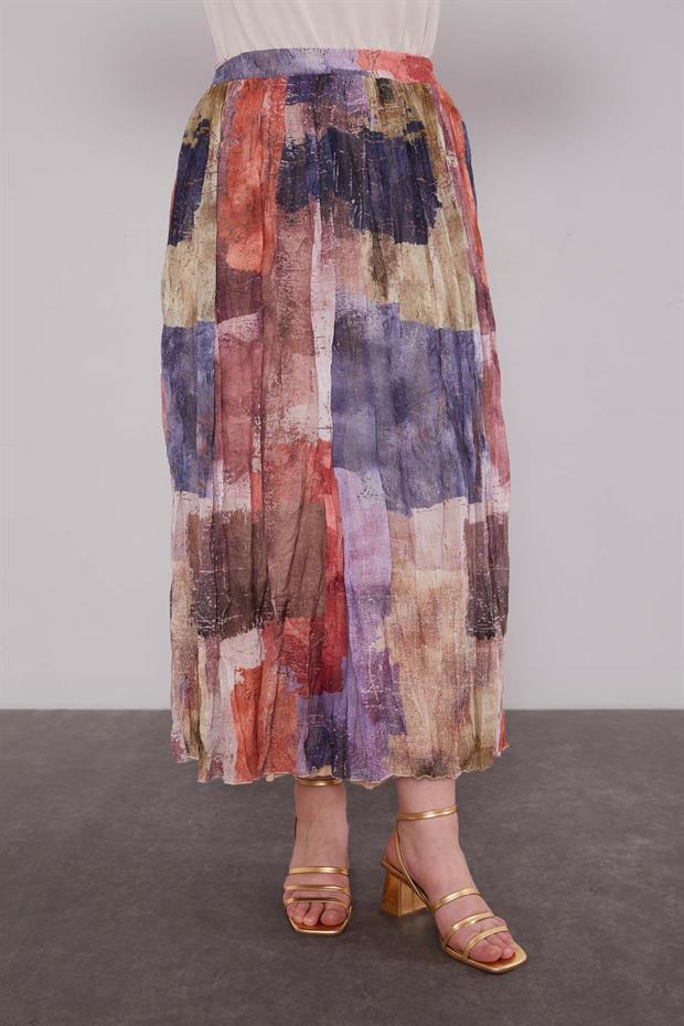 Bej - Kiremit Karışık Desenli Etek Takım