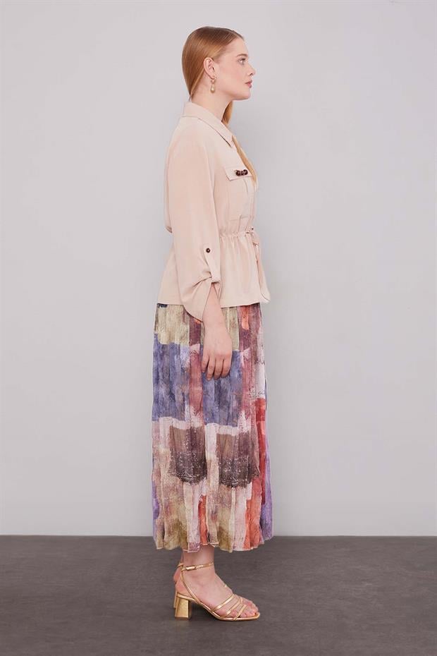 Bej - Kiremit Karışık Desenli Etek Takım