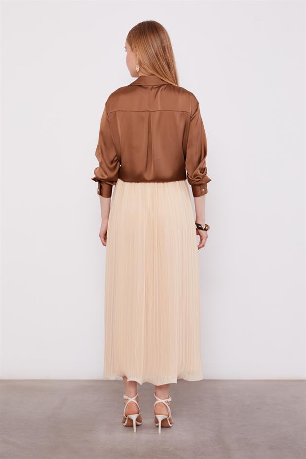 Bej Kırışık Piliseli Etek