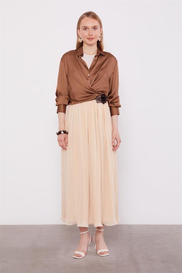 Bej Kırışık Piliseli Etek