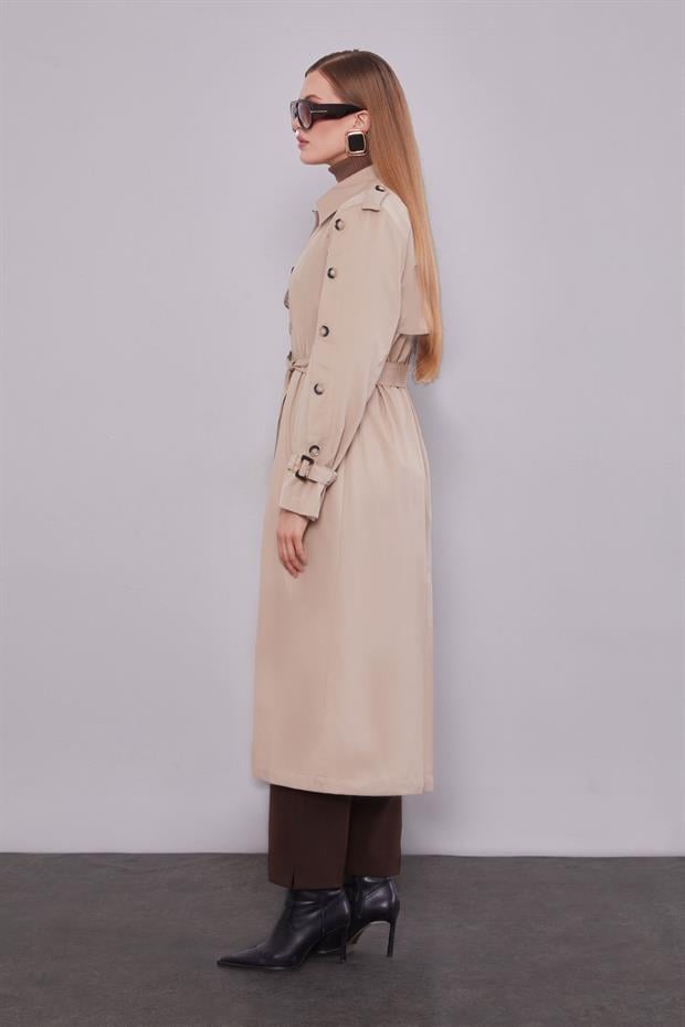 Bej Kol Düğme Detaylı Trençkot