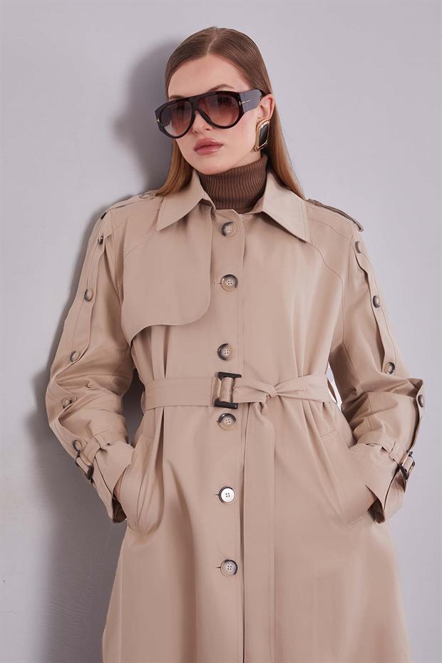 Bej Kol Düğme Detaylı Trençkot