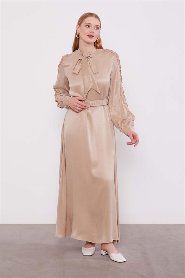 Bej Kol Güpürlü Cupra Elbise