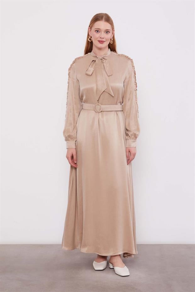 Bej Kol Güpürlü Cupra Elbise