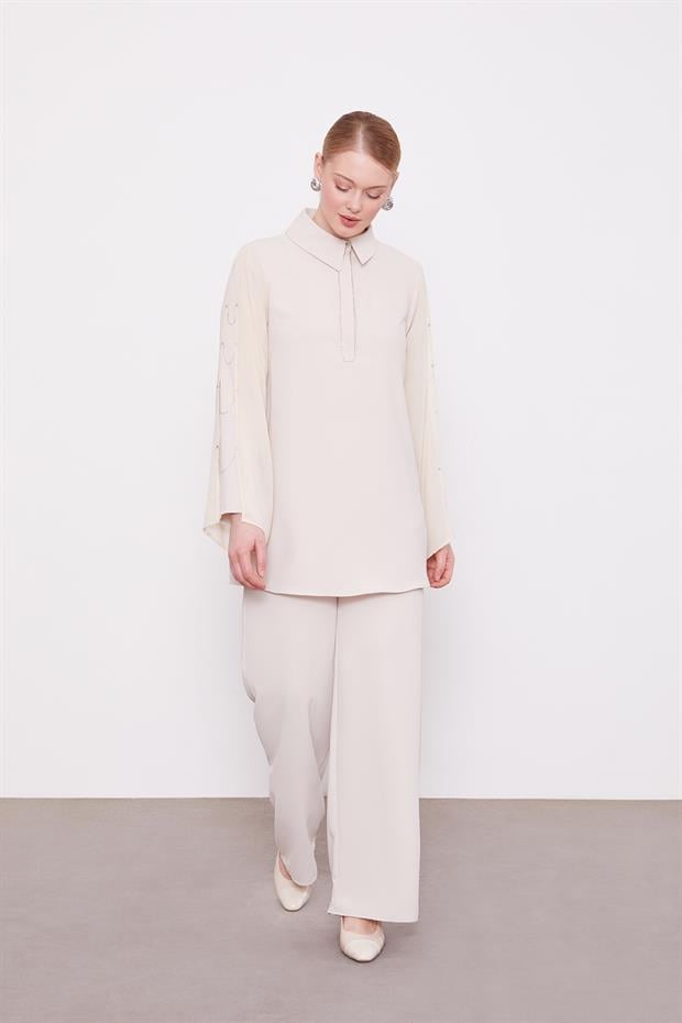 Bej Kolları Zincir Pencere Detaylı İkili Takım