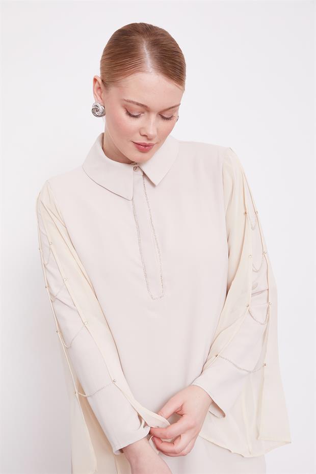 Bej Kolları Zincir Pencere Detaylı İkili Takım