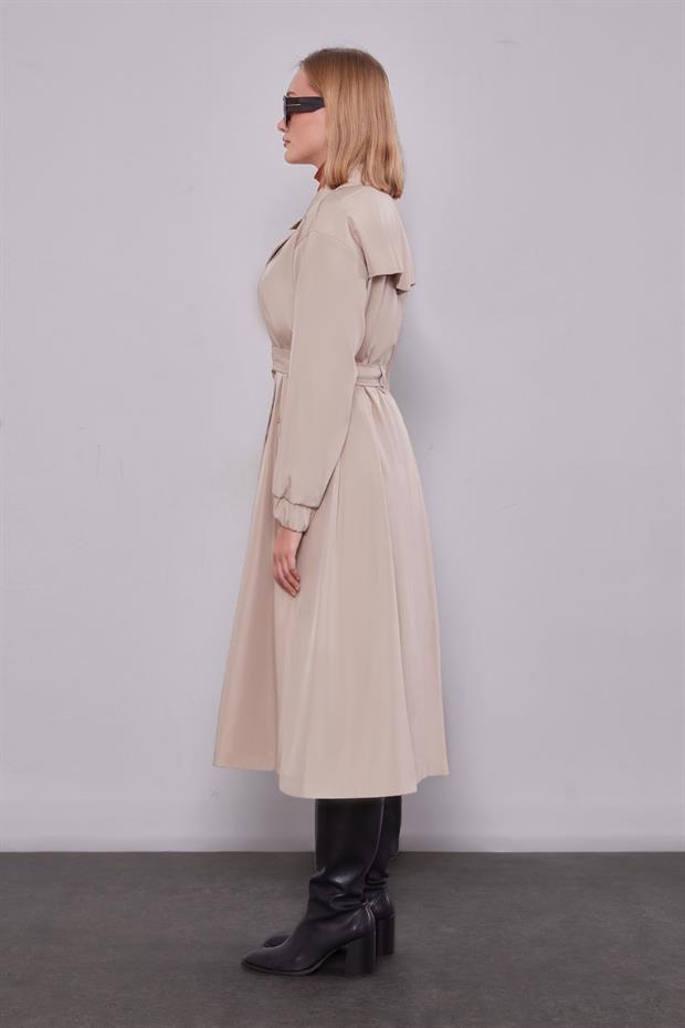 Bej Kolu Lastikli Kemer Detaylı Trençkot