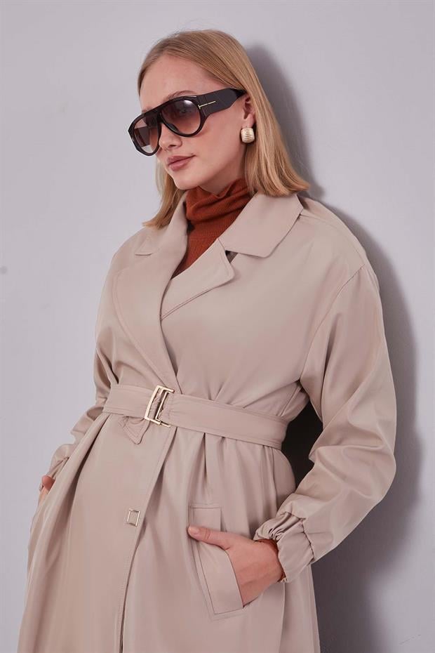 Bej Kolu Lastikli Kemer Detaylı Trençkot
