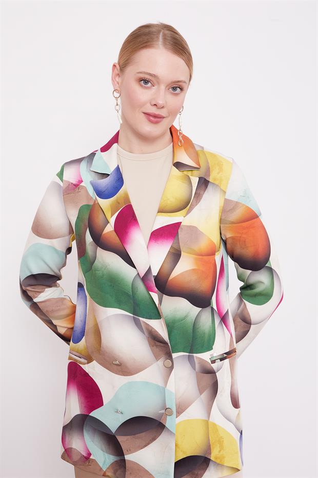 Bej Kruvaze Desenli Ceket