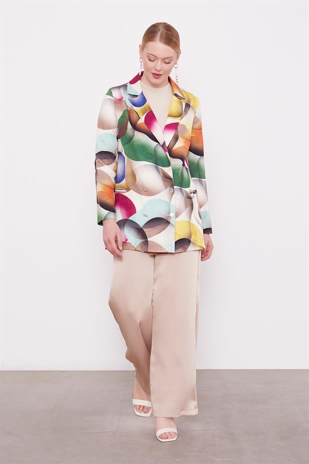 Bej Kruvaze Desenli Ceket