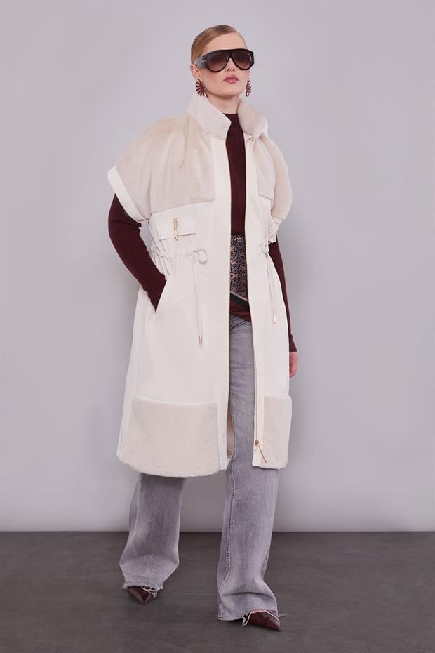 Bej Kürk Yakalı Yelek