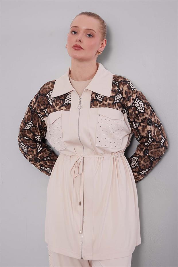 Bej Leopar Kol Desenli İkili Takım