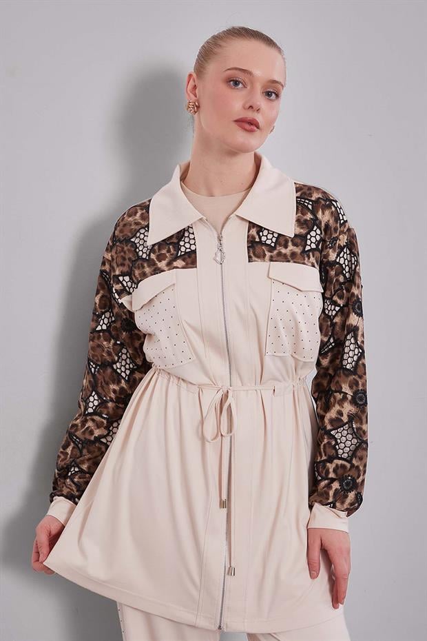 Bej Leopar Kol Desenli İkili Takım