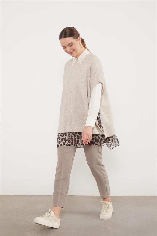 Leopar Tül Detaylı Tunik Bej