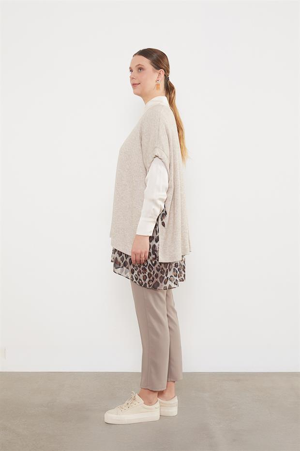 Leopar Tül Detaylı Tunik Bej