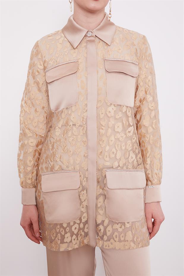 Bej Leopar Tül Görünümlü İkili Takım