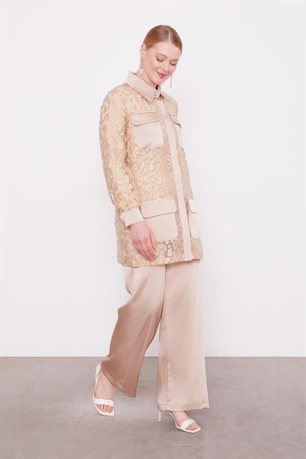 Bej Leopar Tül Görünümlü İkili Takım