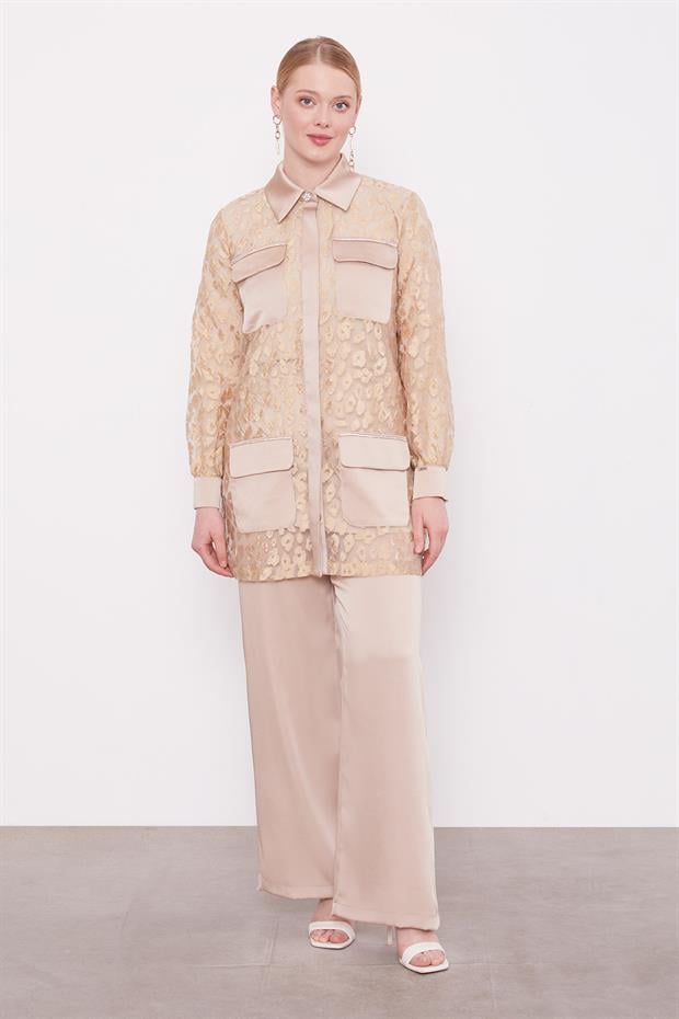 Bej Leopar Tül Görünümlü İkili Takım