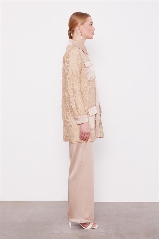 Bej Leopar Tül Görünümlü İkili Takım