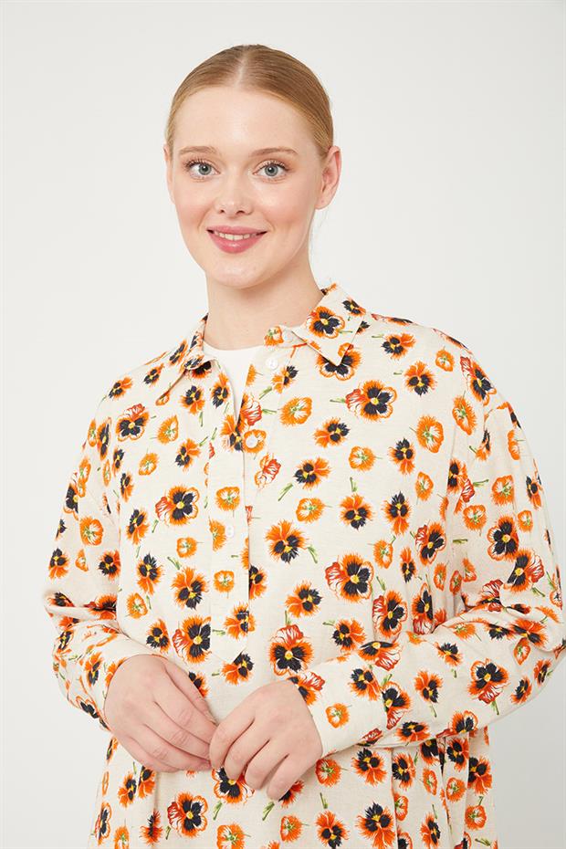 Bej Menekşe Desenli Alt- Üst Takım