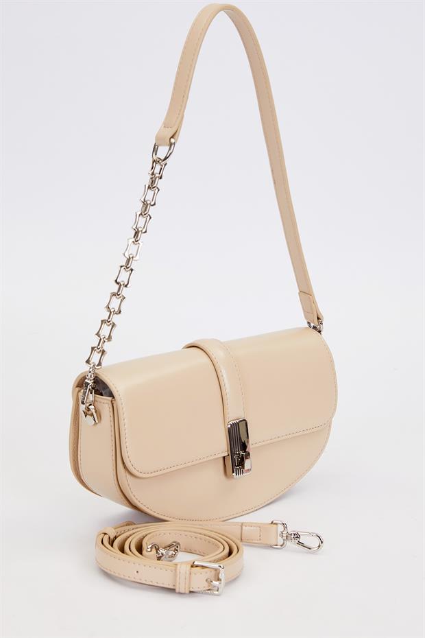 Bej Metal Detaylı Omuz Çantası