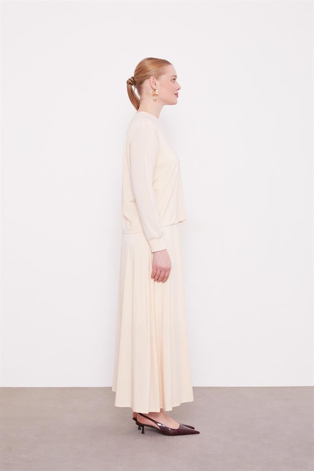 Bej Omuz Düğme Detaylı Etek Takım