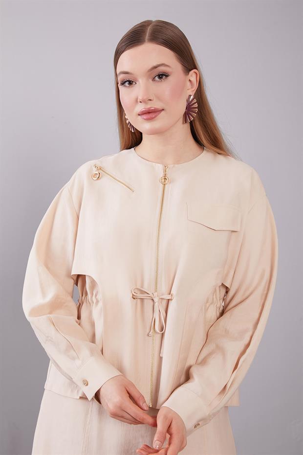 Bej Omuz Fermuar Detaylı Etek Takım