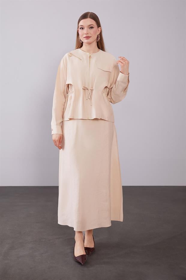 Bej Omuz Fermuar Detaylı Etek Takım