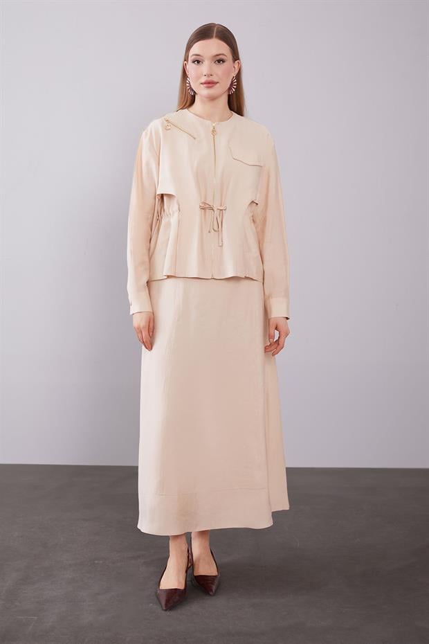 Bej Omuz Fermuar Detaylı Etek Takım