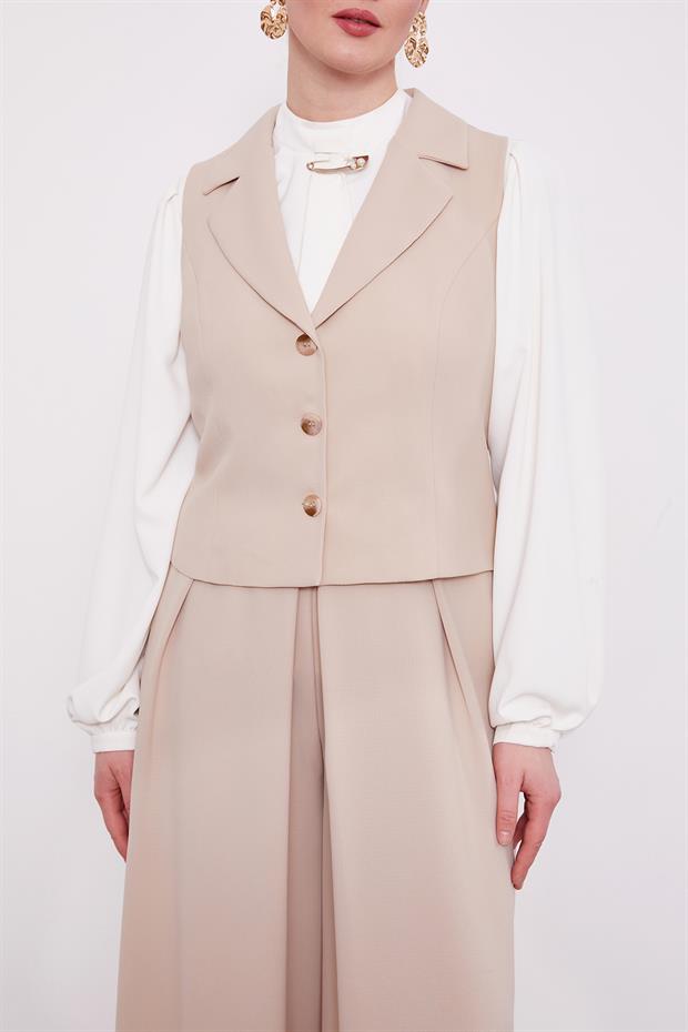 Bej Pile Detaylı İkili Takım