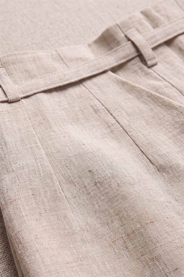 Bej Pile Detaylı Keten Pantolon