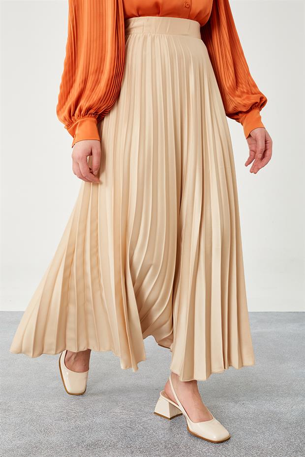 Bej Piliseli Saten Etek