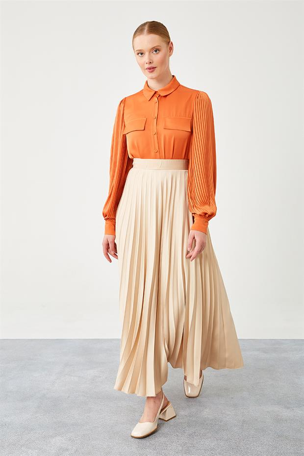 Bej Piliseli Saten Etek