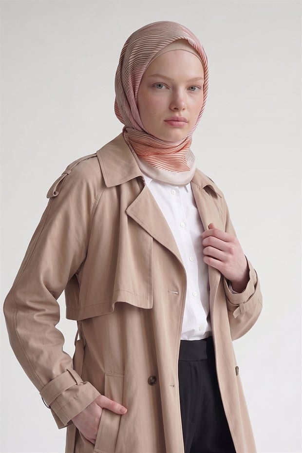 Bej Sarmal Çizgili Twill İpek Eşarp