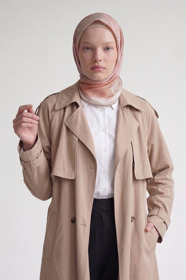 Bej Sarmal Çizgili Twill İpek Eşarp