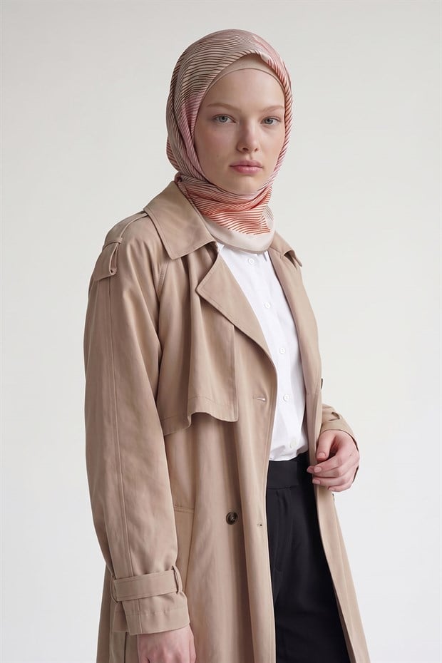 Bej Sarmal Çizgili Twill İpek Eşarp