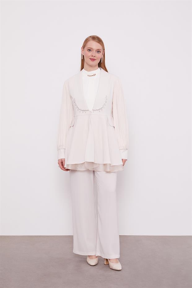 Bej Şifon Kollu Taş Detay İkili Takım