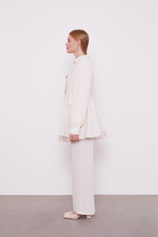 Bej Şifon Kollu Taş Detay İkili Takım