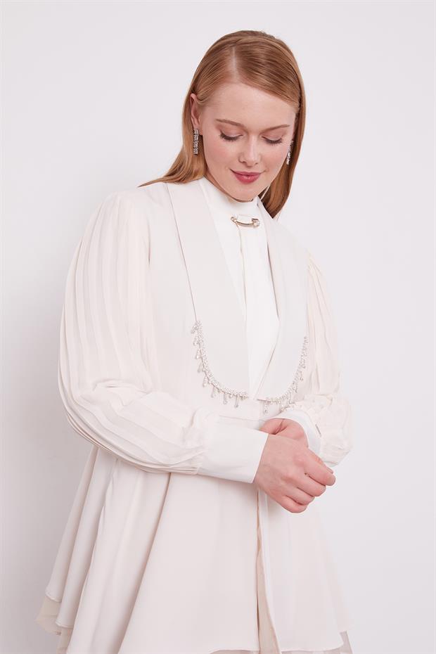 Bej Şifon Kollu Taş Detay İkili Takım