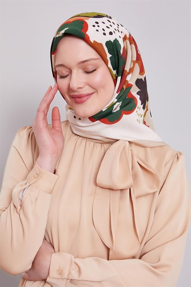 Bej Soyut Çiçek Desen Aura Eşarp
