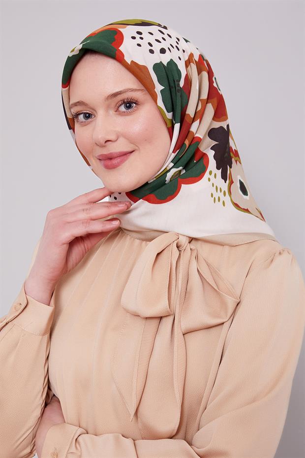 Bej Soyut Çiçek Desen Aura Eşarp