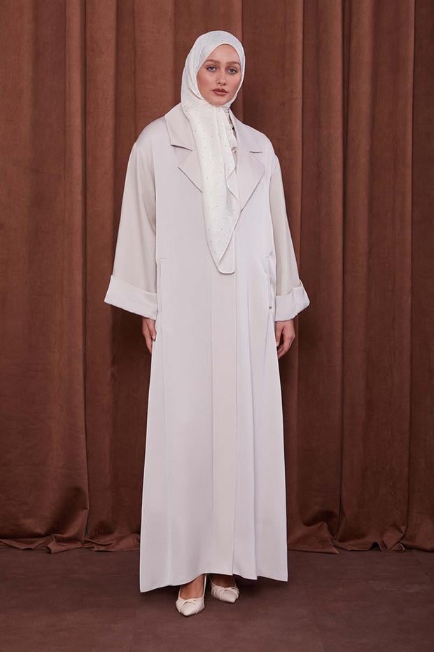 Bej Taş Broş Detaylı Saten Ferace