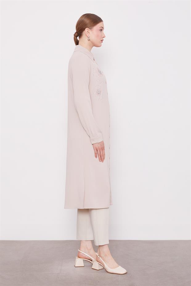 Bej Taş Çiçek Desen Baskılı Tunik